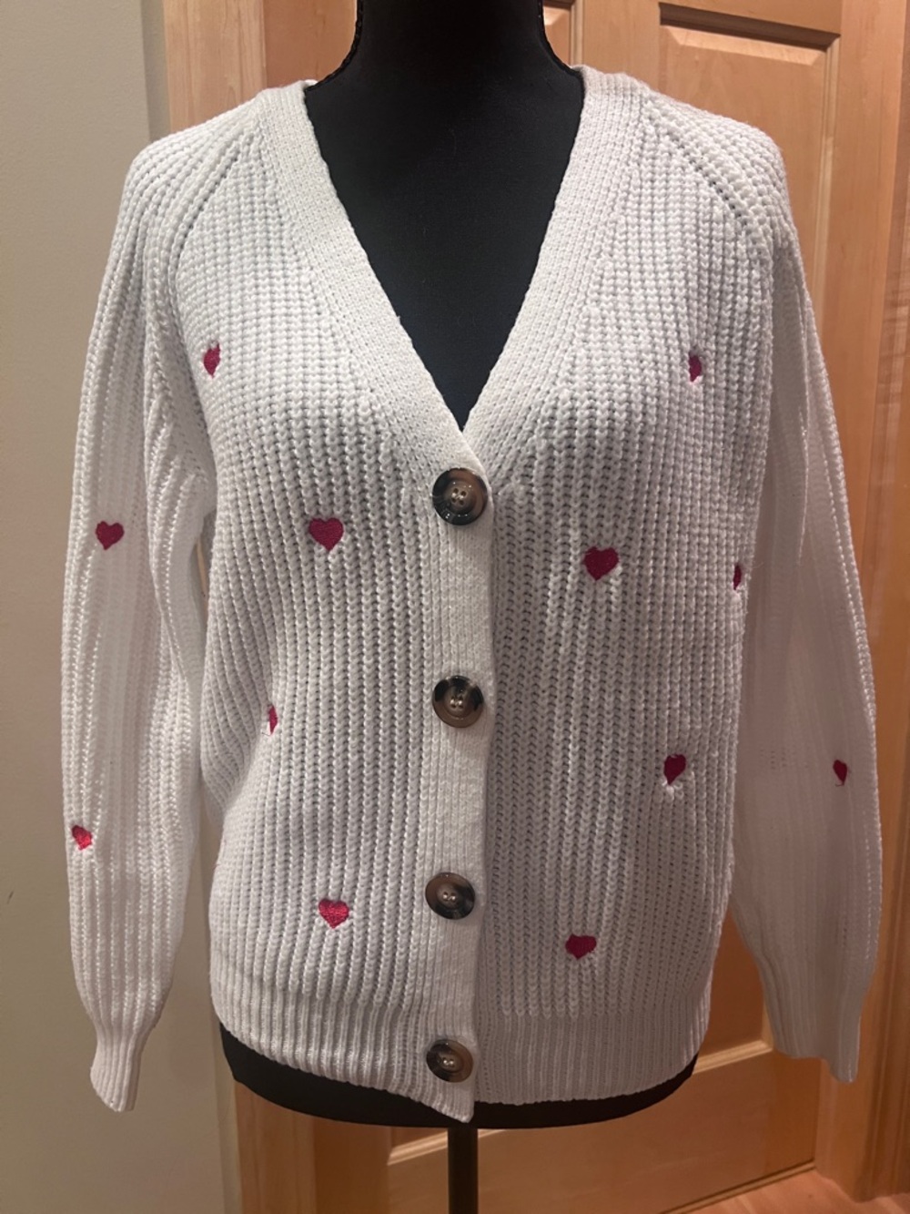 Women’s White/Creamy Red Heart Knit Cardigan Sweater Coquette Cottagecore S